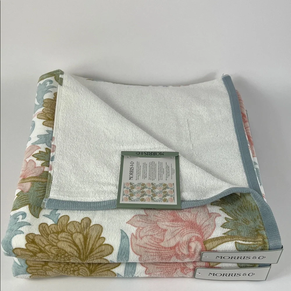 William Morris Bath Towels Pink Blue English Garden Cotton Velour Set of 2 NEW